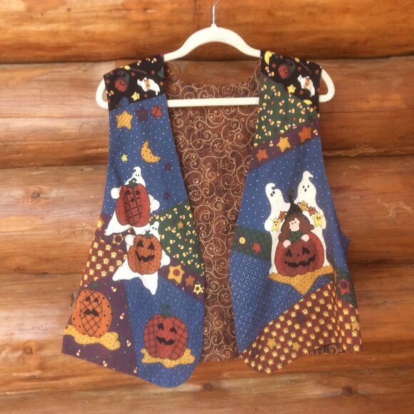 Halloween Reversible Autumn Handmade Pumpkins Ghost Witches Spooky Print Vest OS - Picture 1 of 5